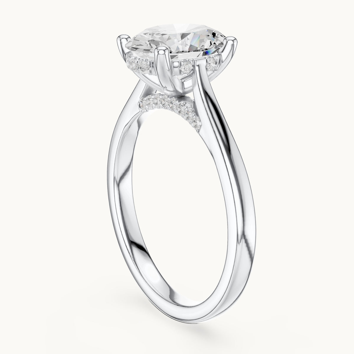 Oval and round lab-grown diamond hidden halo solitaire engagement ring in white gold, 1.82 CT TW, view 1