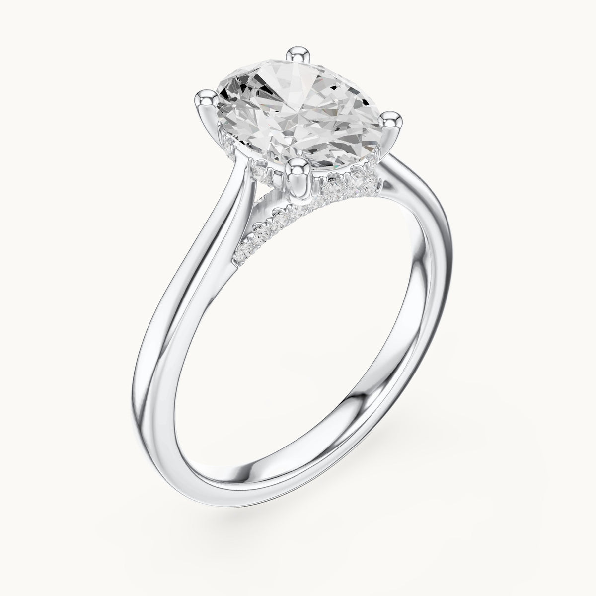 Oval and round lab-grown diamond hidden halo solitaire engagement ring in white gold, 1.82 CT TW, view 2