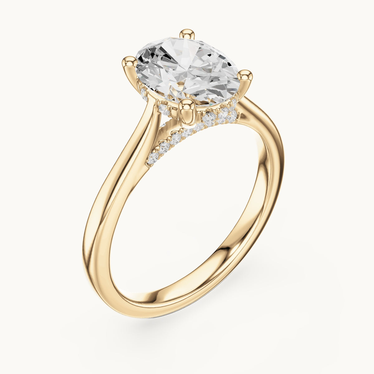 Oval and round lab-grown diamond hidden halo solitaire engagement ring in yellow gold, 1.82 CT TW, view 2