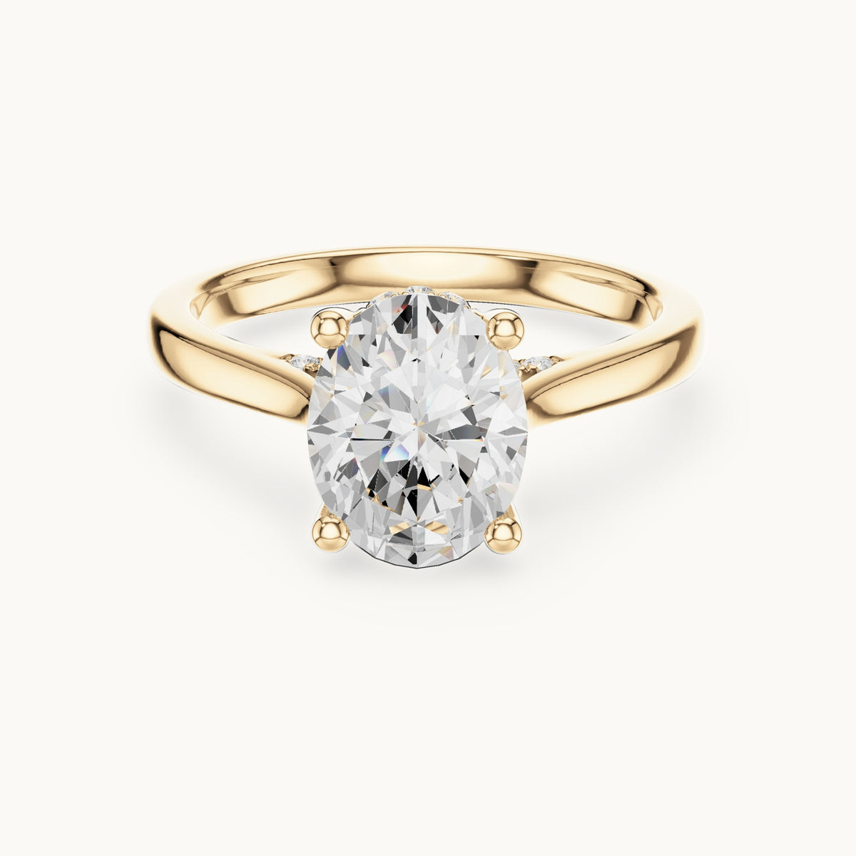 Oval and round lab-grown diamond hidden halo solitaire engagement ring in yellow gold, 1.82 CT TW, view 4