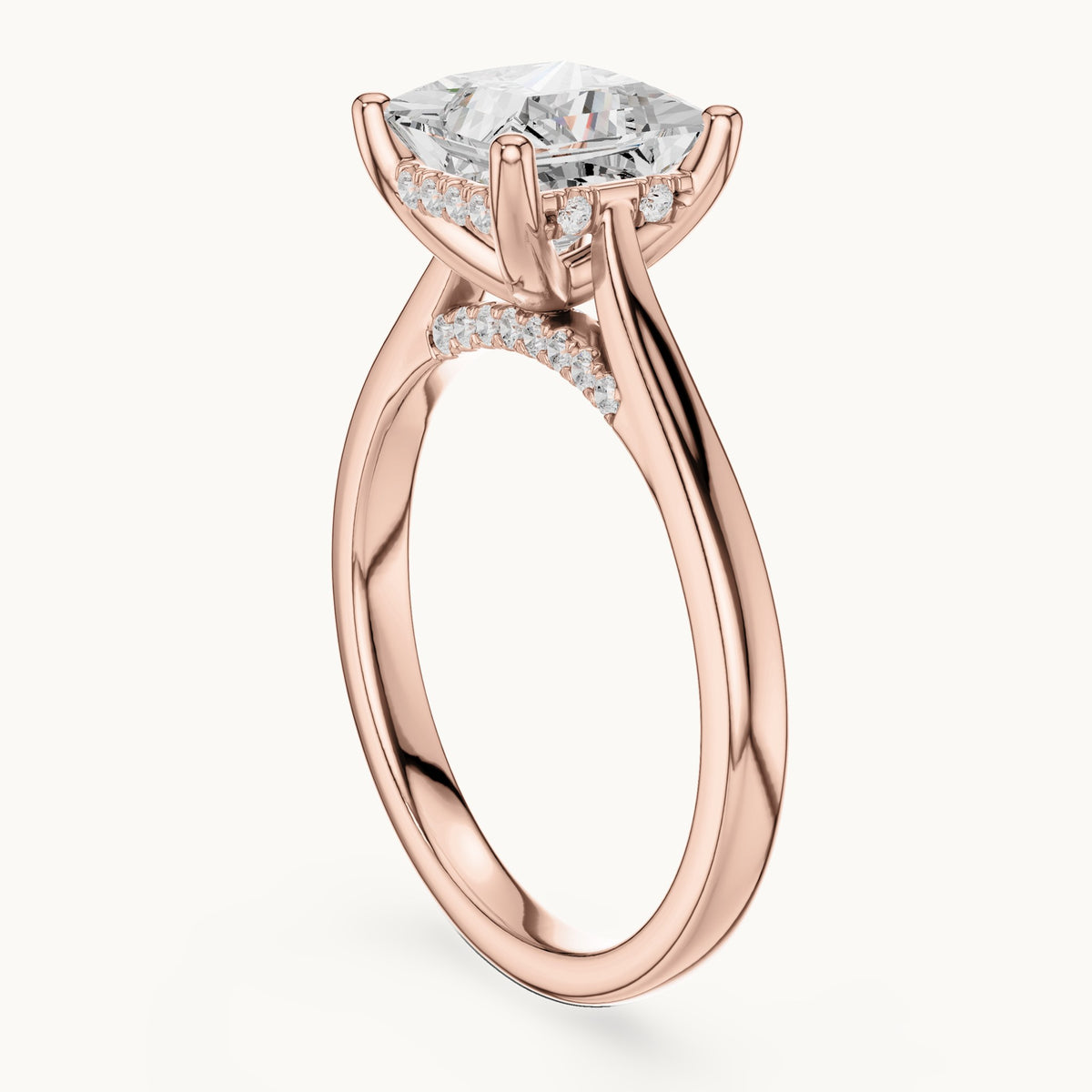 Princess-cut and round lab-grown diamond hidden halo solitaire engagement ring in rose gold, 2.29 CT TW, view 1