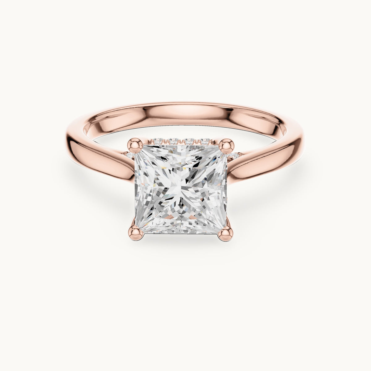 Princess-cut and round lab-grown diamond hidden halo solitaire engagement ring in rose gold, 2.29 CT TW, view 4