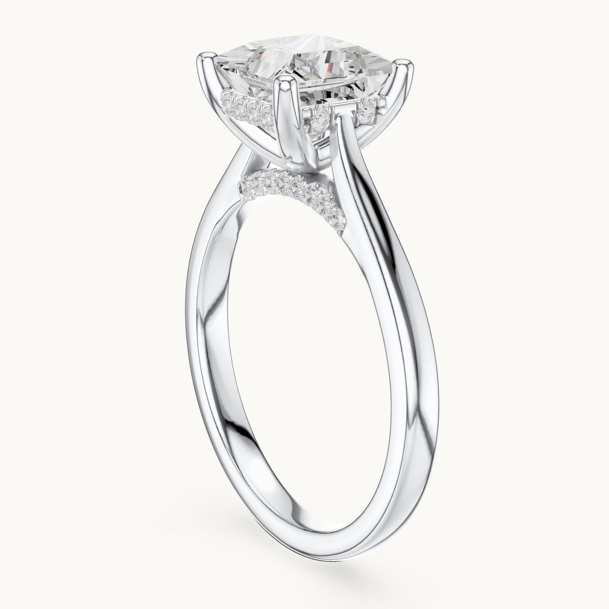 Princess-cut and round lab-grown diamond hidden halo solitaire engagement ring in white gold, 2.29 CT TW, view 1