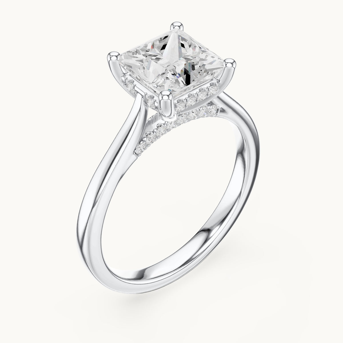 Princess-cut and round lab-grown diamond hidden halo solitaire engagement ring in white gold, 2.29 CT TW, view 2