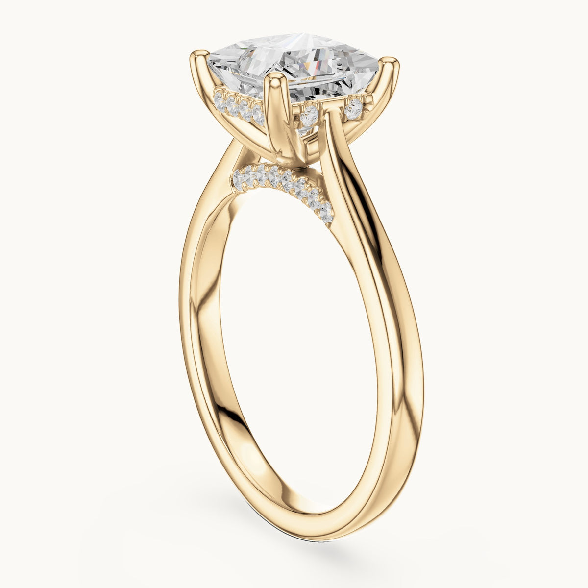 Princess-cut and round lab-grown diamond hidden halo solitaire engagement ring in yellow gold, 2.29 CT TW, view 1