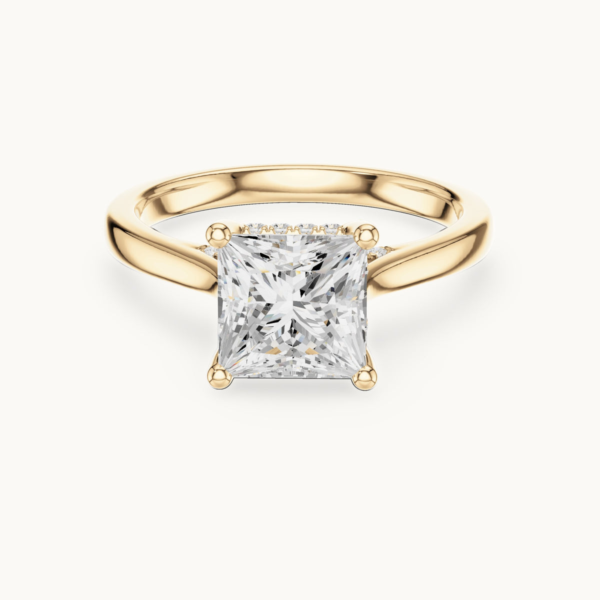 Princess-cut and round lab-grown diamond hidden halo solitaire engagement ring in yellow gold, 2.29 CT TW, view 4