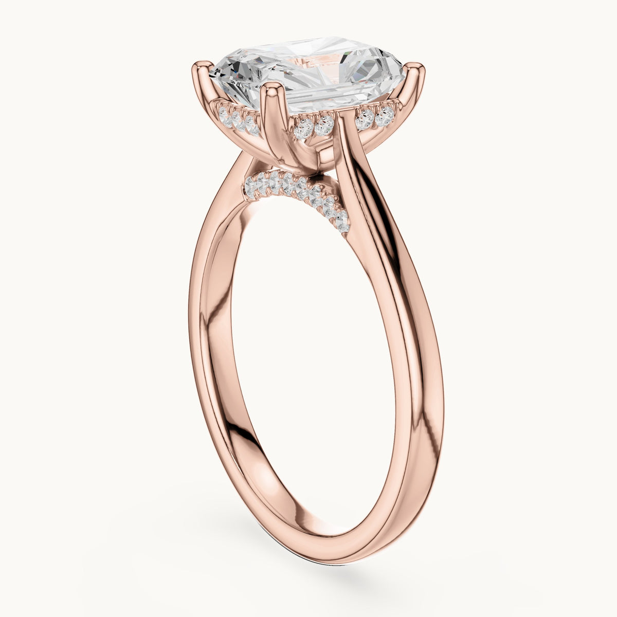 Radiant-cut and round lab-grown diamond hidden halo solitaire engagement ring in rose gold, 2.62 CT TW, view 1