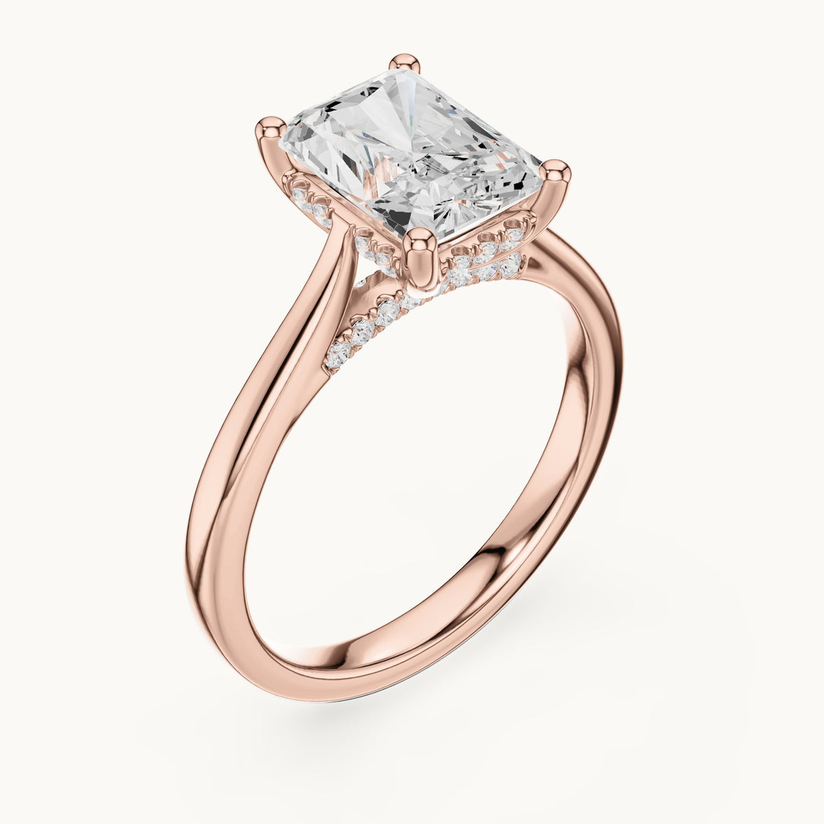 Radiant-cut and round lab-grown diamond hidden halo solitaire engagement ring in rose gold, 2.62 CT TW, view 2