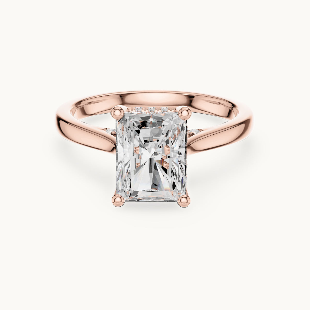 Radiant-cut and round lab-grown diamond hidden halo solitaire engagement ring in rose gold, 2.62 CT TW, view 4