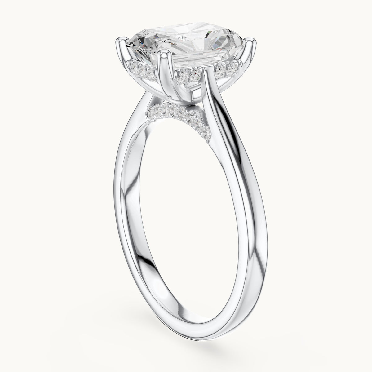 Radiant-cut and round lab-grown diamond hidden halo solitaire engagement ring in white gold, 2.62 CT TW, view 1