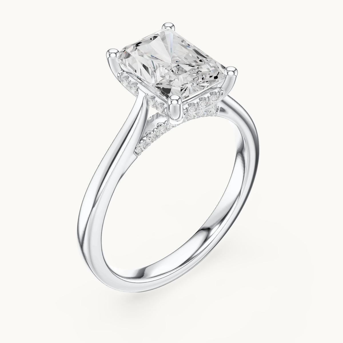 Radiant-cut and round lab-grown diamond hidden halo solitaire engagement ring in white gold, 2.62 CT TW, view 2