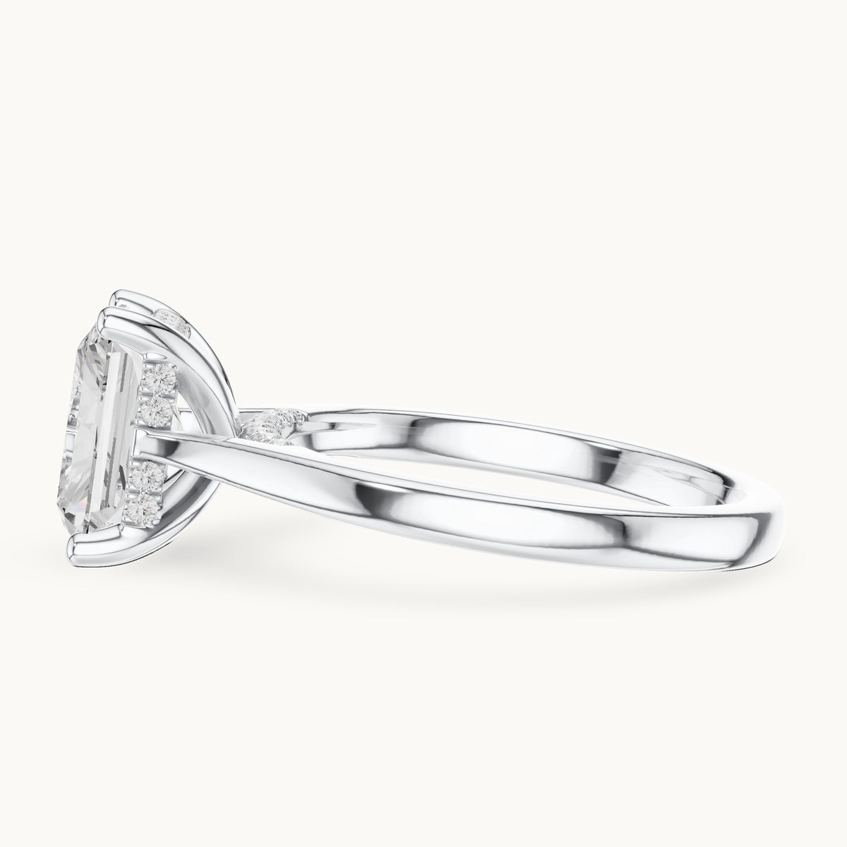 Radiant-cut and round lab-grown diamond hidden halo solitaire engagement ring in white gold, 2.62 CT TW, view 3