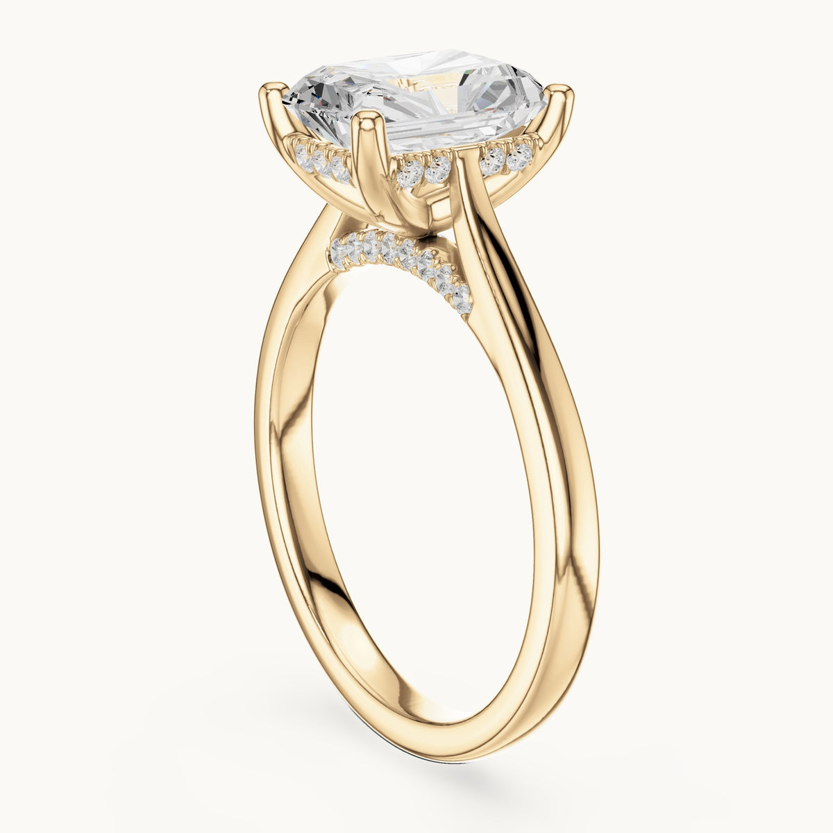 Radiant-cut and round lab-grown diamond hidden halo solitaire engagement ring in yellow gold, 2.62 CT TW, view 1