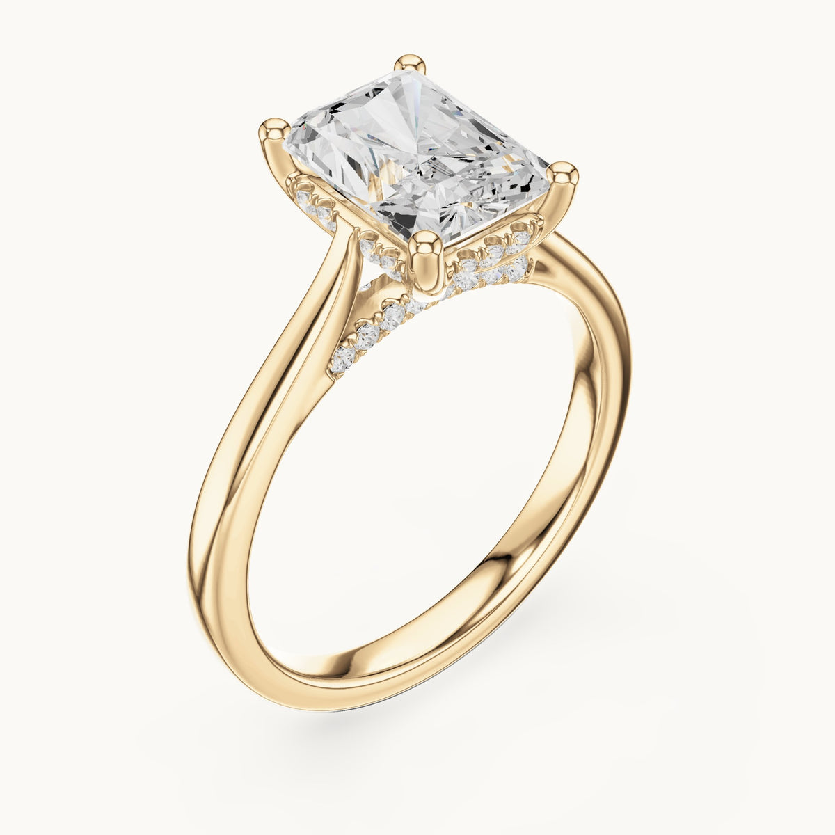 Radiant-cut and round lab-grown diamond hidden halo solitaire engagement ring in yellow gold, 2.62 CT TW, view 2