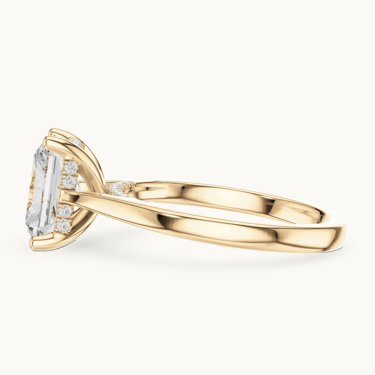 Radiant-cut and round lab-grown diamond hidden halo solitaire engagement ring in yellow gold, 2.62 CT TW, view 3