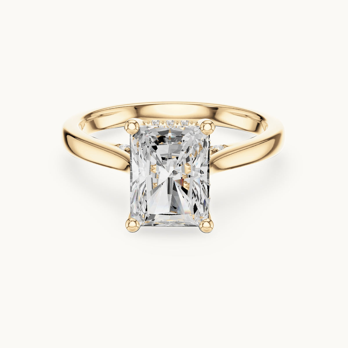 Radiant-cut and round lab-grown diamond hidden halo solitaire engagement ring in yellow gold, 2.62 CT TW, view 4