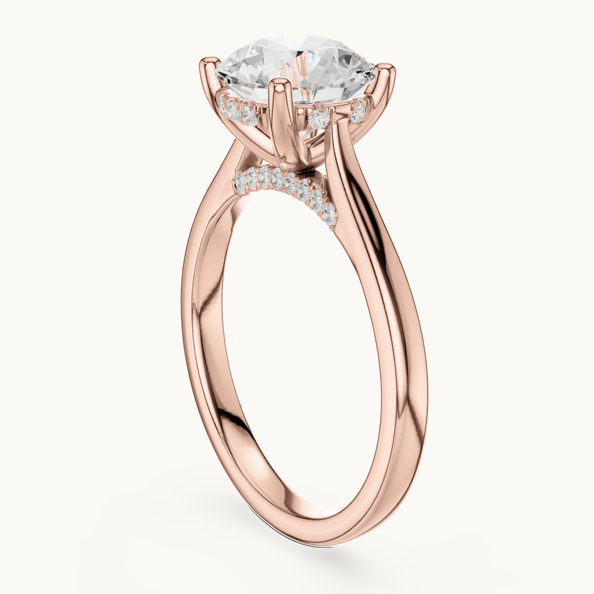Round lab-grown diamond hidden halo solitaire engagement ring in rose gold, 2.13 CT TW, view 1