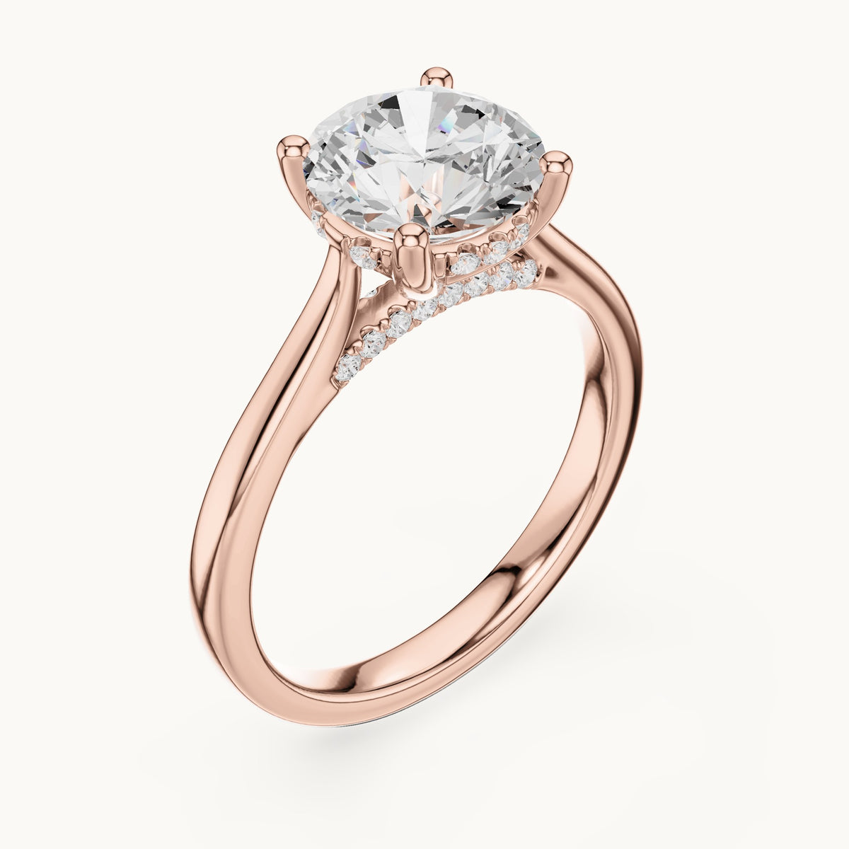 Round lab-grown diamond hidden halo solitaire engagement ring in rose gold, 2.13 CT TW, view 2
