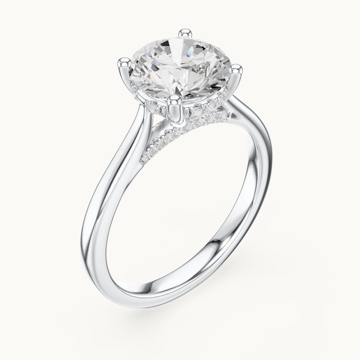 Round lab-grown diamond hidden halo solitaire engagement ring in white gold, 2.13 CT TW, view 2