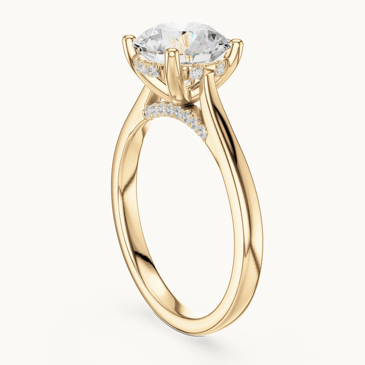 Round lab-grown diamond hidden halo solitaire engagement ring in yellow gold, 2.13 CT TW, view 1