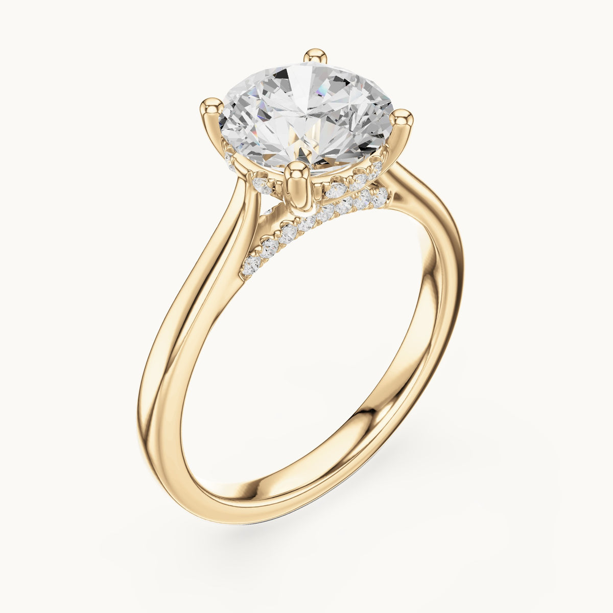 Round lab-grown diamond hidden halo solitaire engagement ring in yellow gold, 2.13 CT TW, view 2