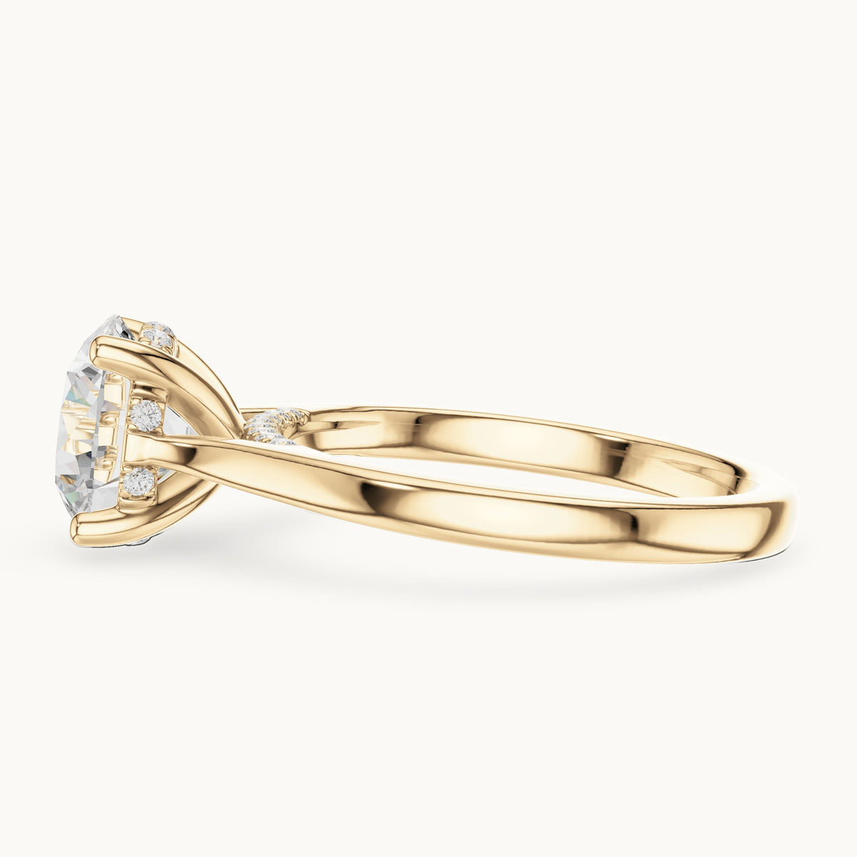 Round lab-grown diamond hidden halo solitaire engagement ring in yellow gold, 2.13 CT TW, view 3