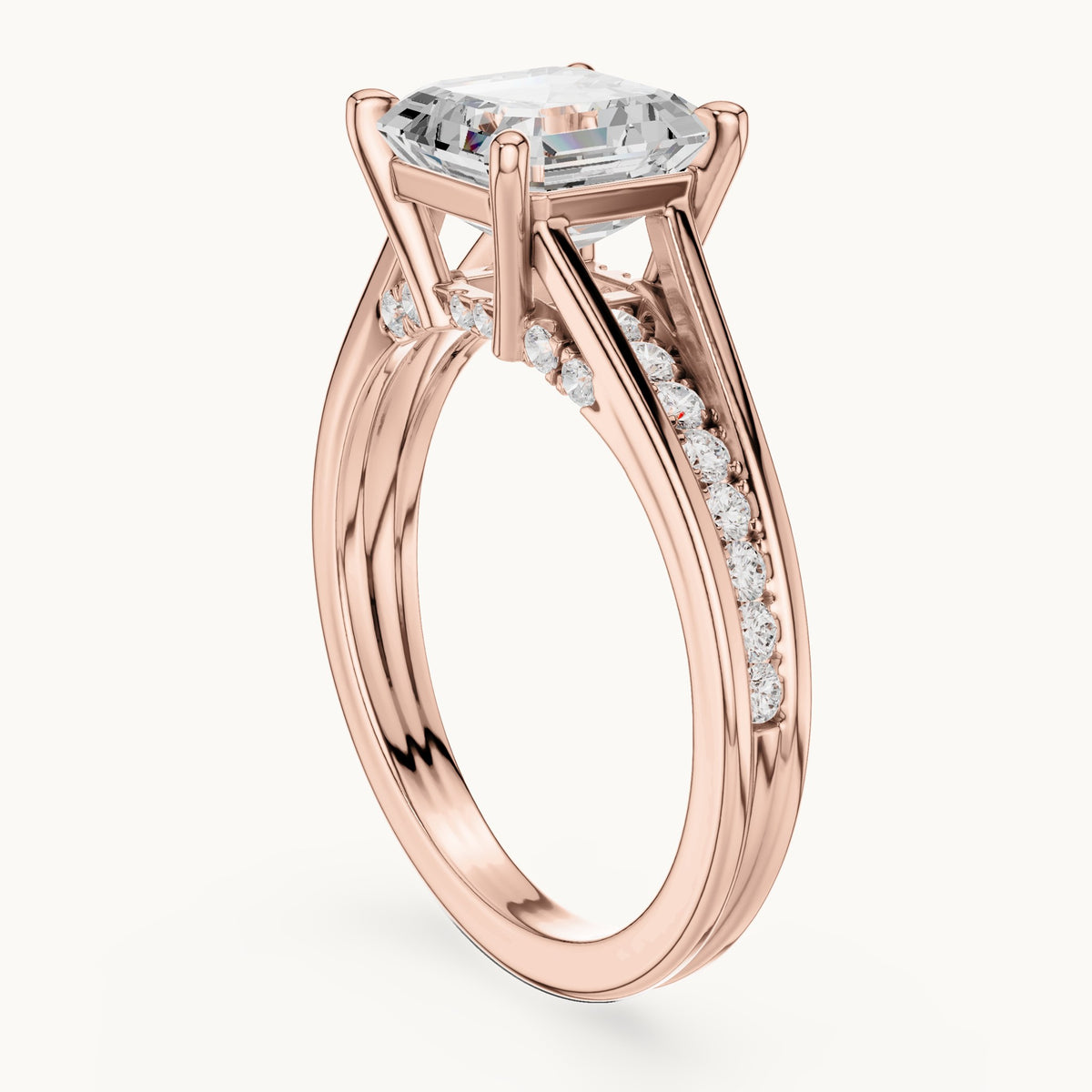 Square emerald-cut and round lab-grown diamond channel-set cathedral engagement ring in rose gold, 2.072 CT TW, view 1