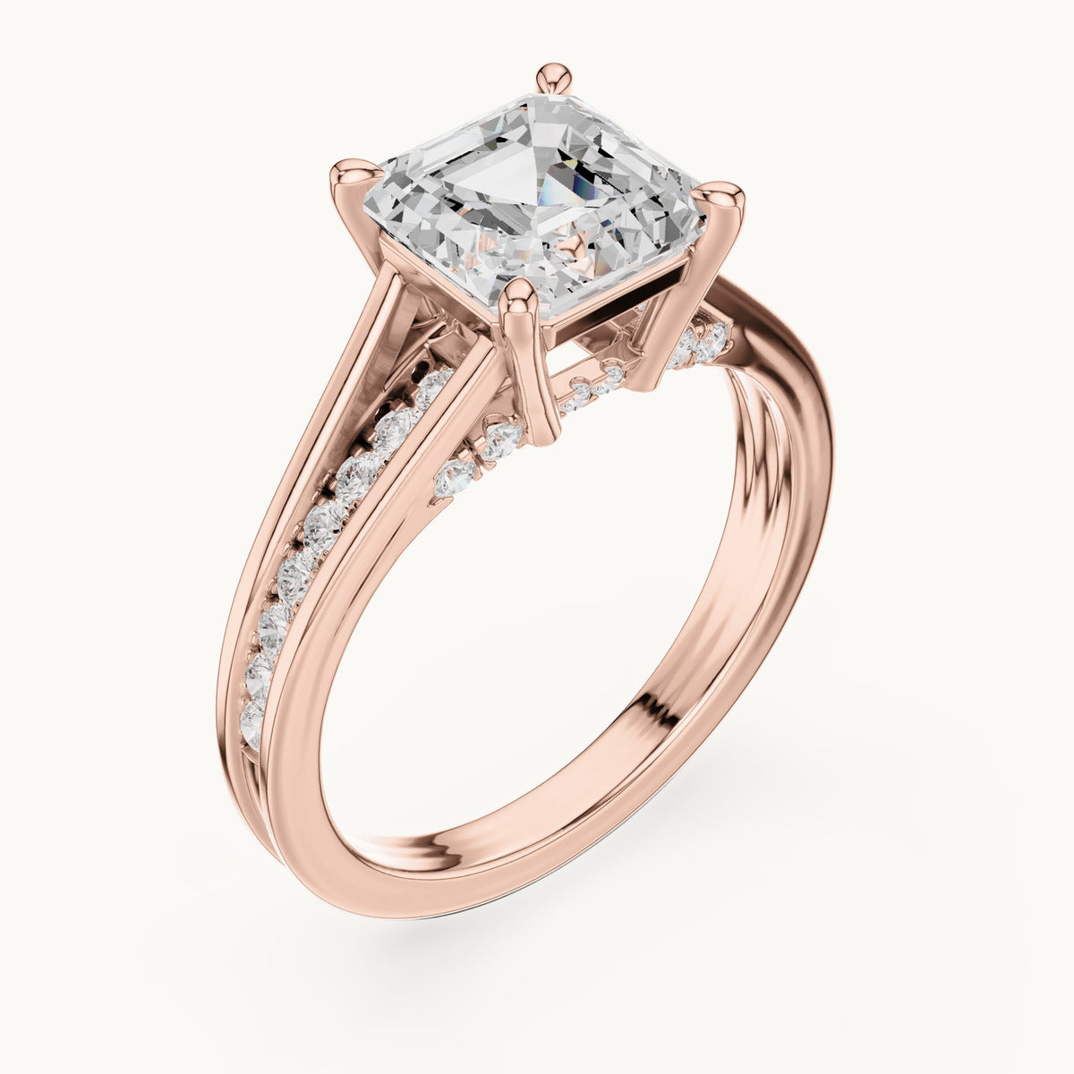 Square emerald-cut and round lab-grown diamond channel-set cathedral engagement ring in rose gold, 2.072 CT TW, view 2