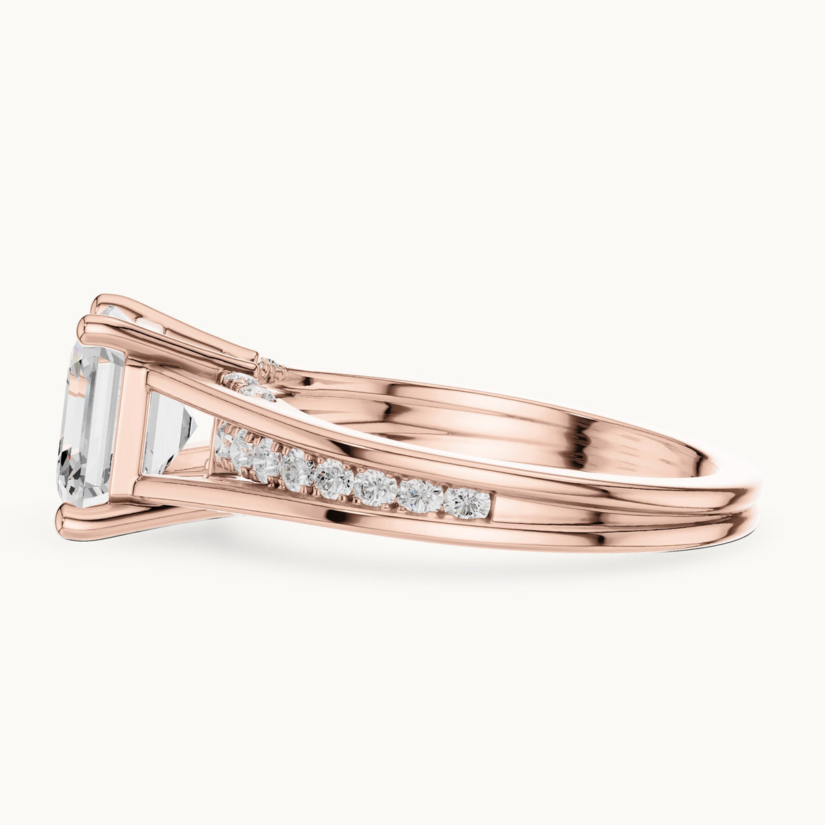 Square emerald-cut and round lab-grown diamond channel-set cathedral engagement ring in rose gold, 2.072 CT TW, view 3