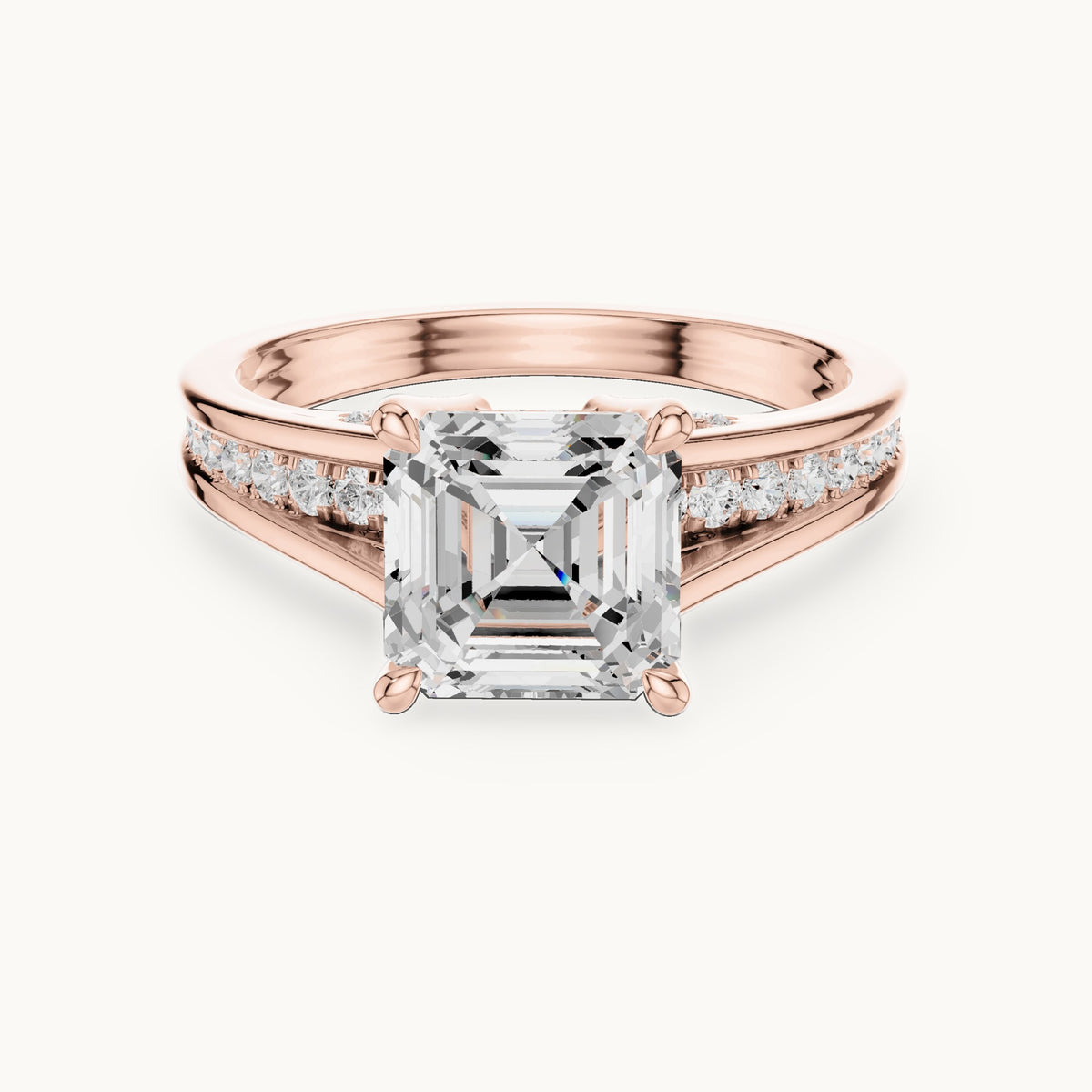 Square emerald-cut and round lab-grown diamond channel-set cathedral engagement ring in rose gold, 2.072 CT TW, view 4