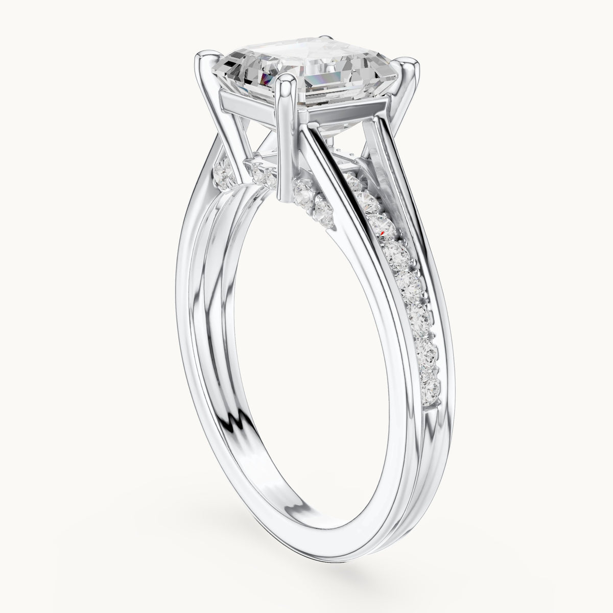 Square emerald-cut and round lab-grown diamond channel-set cathedral engagement ring in white gold, 2.072 CT TW, view 1