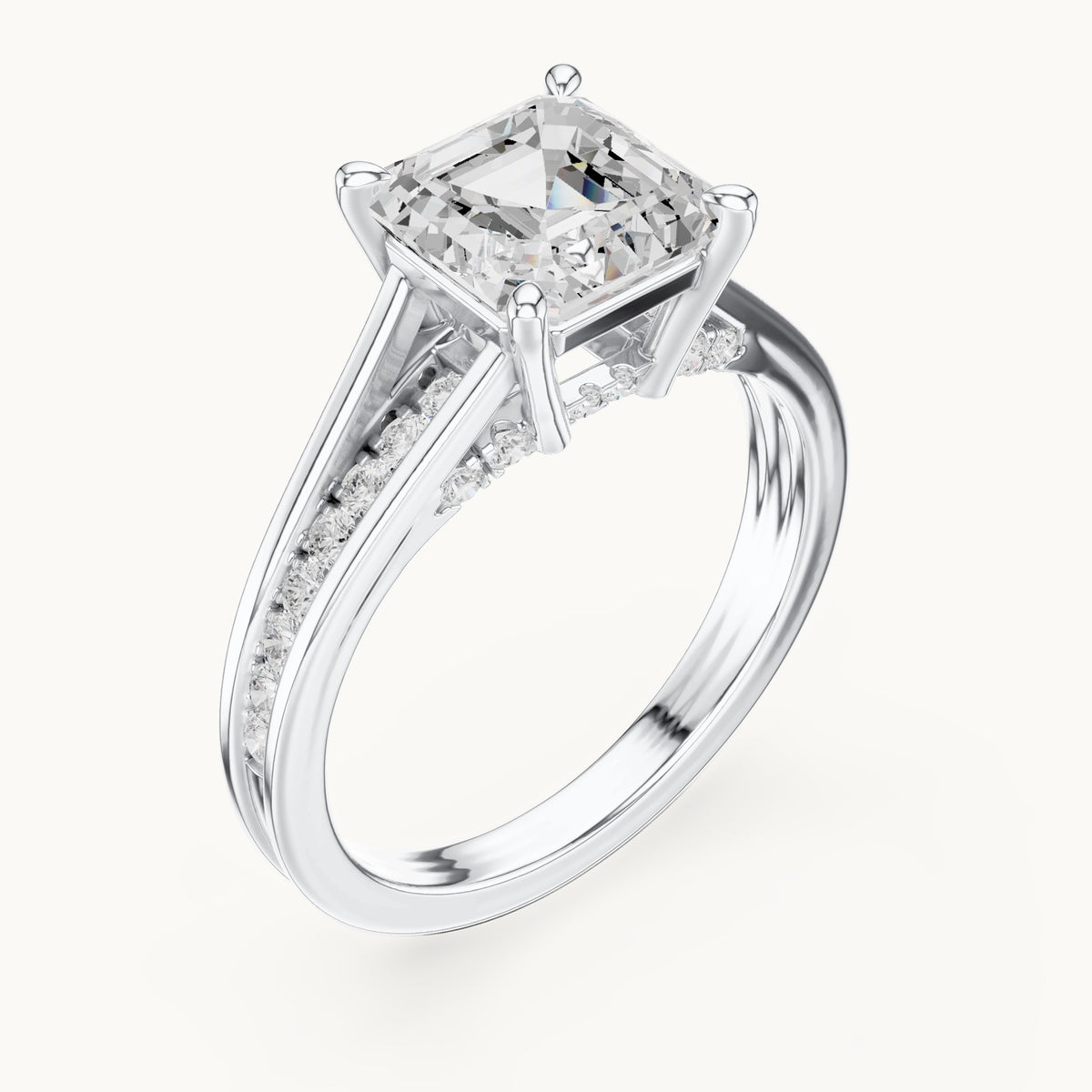 Square emerald-cut and round lab-grown diamond channel-set cathedral engagement ring in white gold, 2.072 CT TW, view 2
