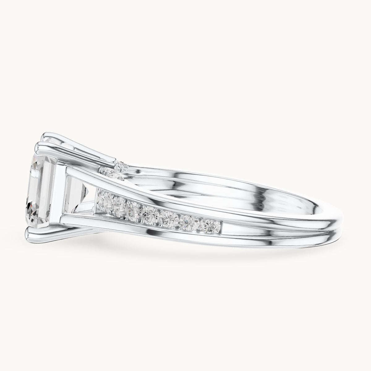 Square emerald-cut and round lab-grown diamond channel-set cathedral engagement ring in white gold, 2.072 CT TW, view 3