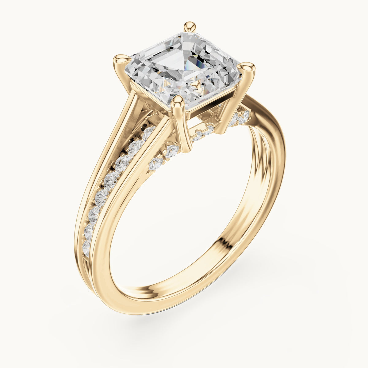 Square emerald-cut and round lab-grown diamond channel-set cathedral engagement ring in yellow gold, 2.072 CT TW, view 2