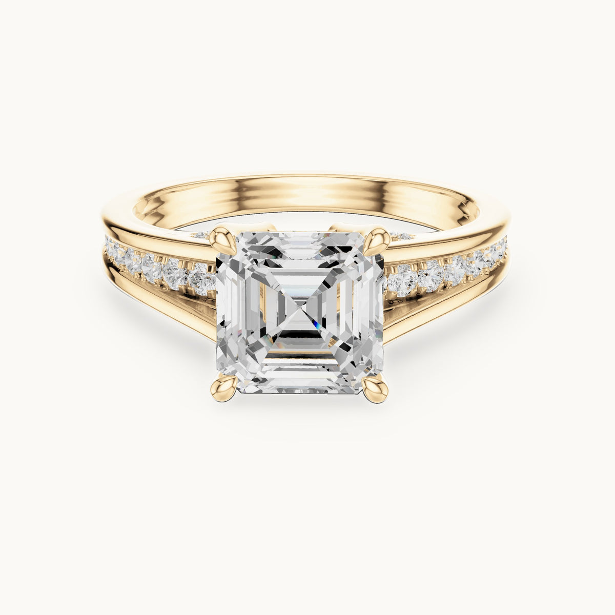 Square emerald-cut and round lab-grown diamond channel-set cathedral engagement ring in yellow gold, 2.072 CT TW, view 4