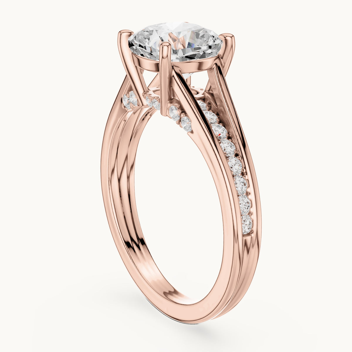 Cushion-cut and round lab-grown diamond channel-set cathedral engagement ring in rose gold, 2.072 CT TW, view 1
