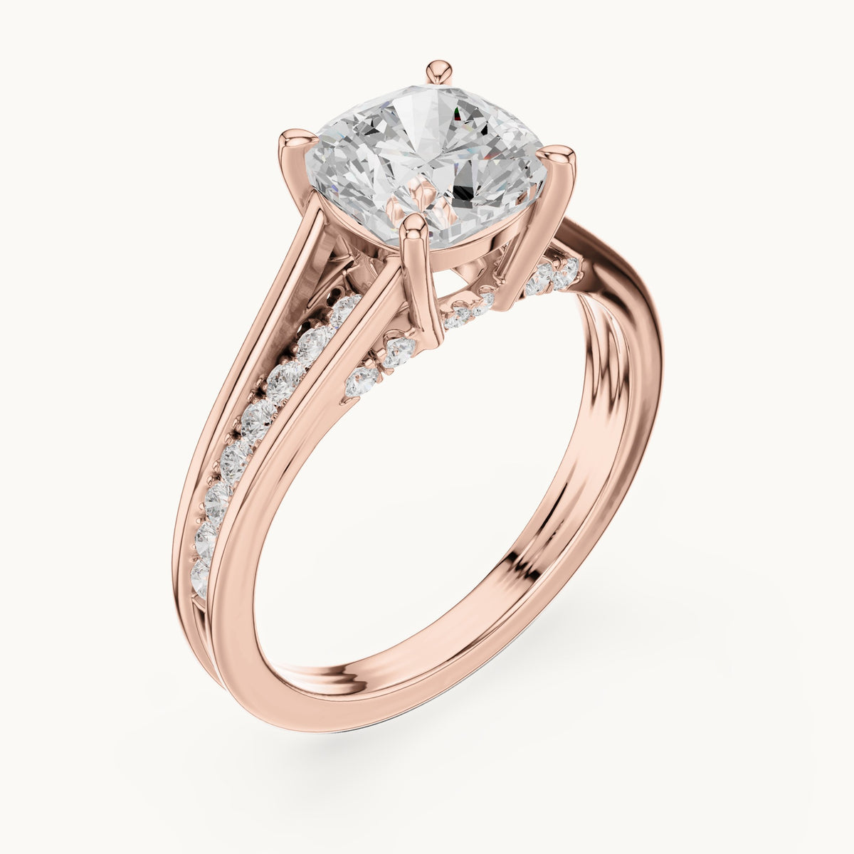 Cushion-cut and round lab-grown diamond channel-set cathedral engagement ring in rose gold, 2.072 CT TW, view 2