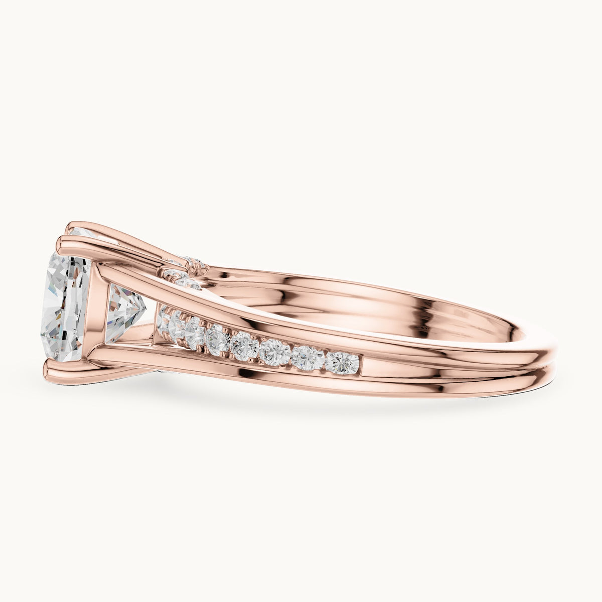 Cushion-cut and round lab-grown diamond channel-set cathedral engagement ring in rose gold, 2.072 CT TW, view 3
