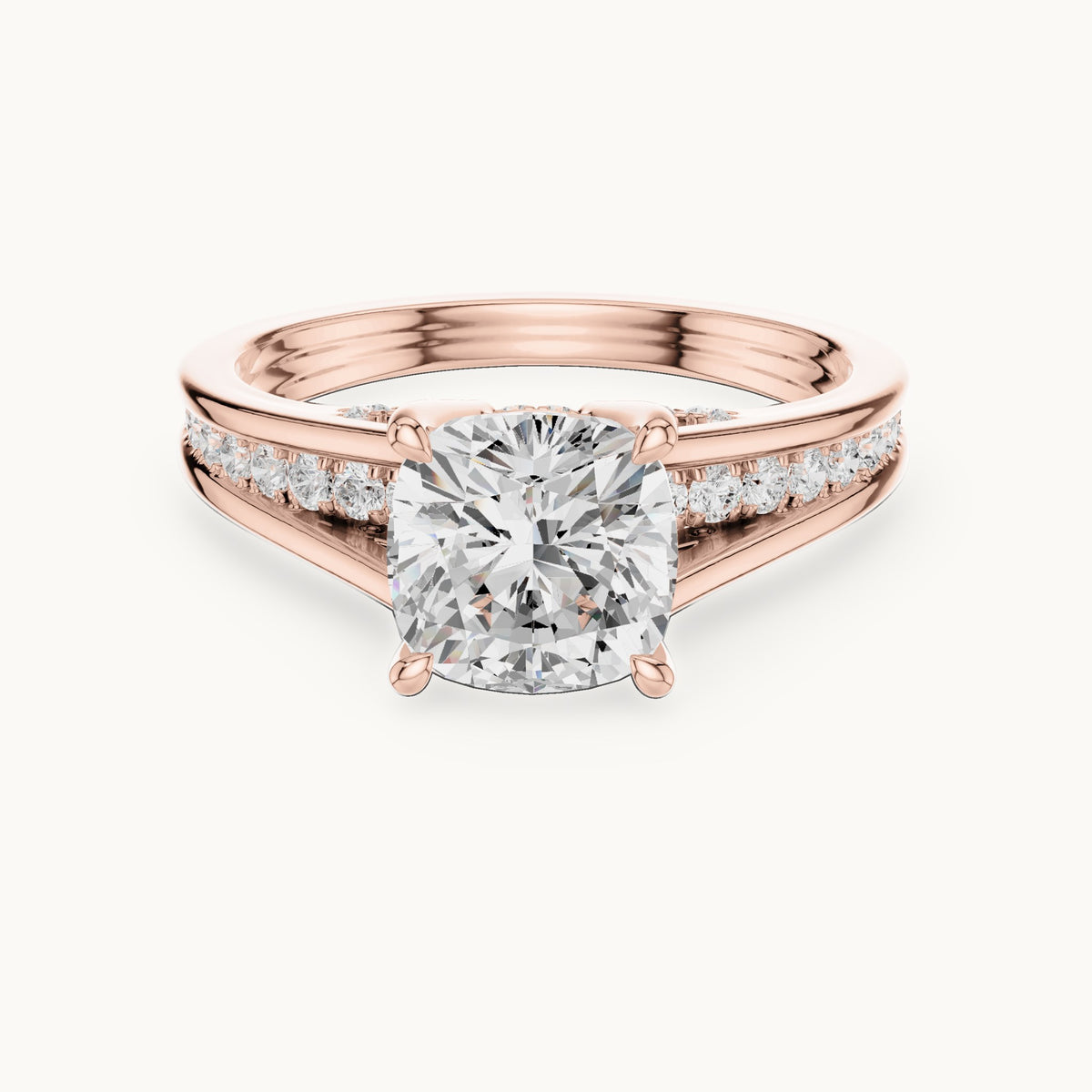 Cushion-cut and round lab-grown diamond channel-set cathedral engagement ring in rose gold, 2.072 CT TW, view 4