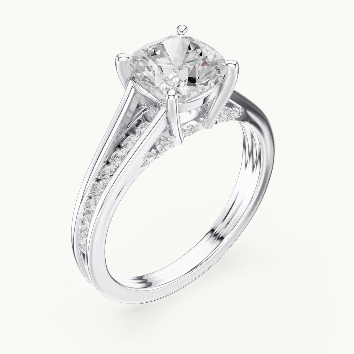 Cushion-cut and round lab-grown diamond channel-set cathedral engagement ring in white gold, 2.072 CT TW, view 2