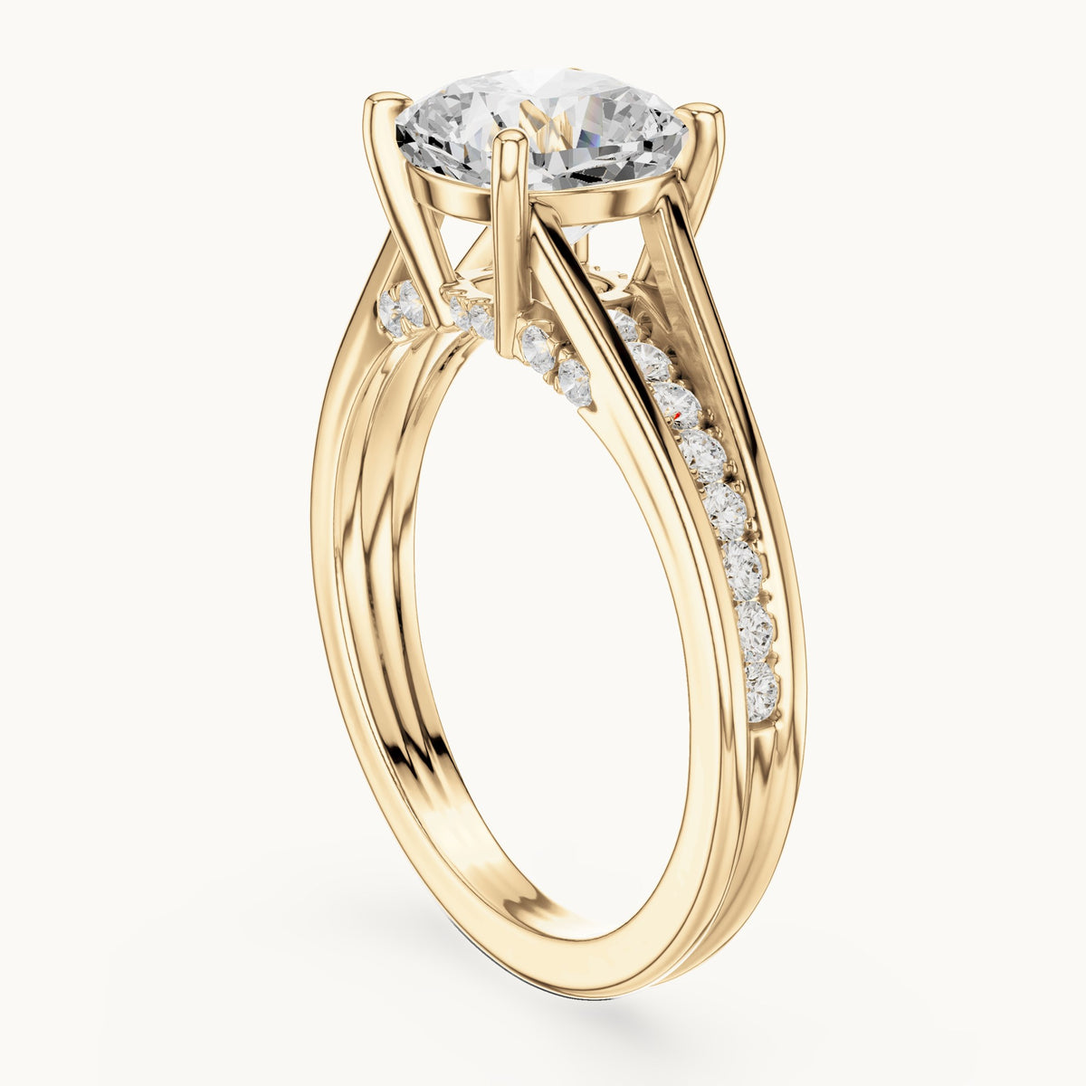 Cushion-cut and round lab-grown diamond channel-set cathedral engagement ring in yellow gold, 2.072 CT TW, view 1