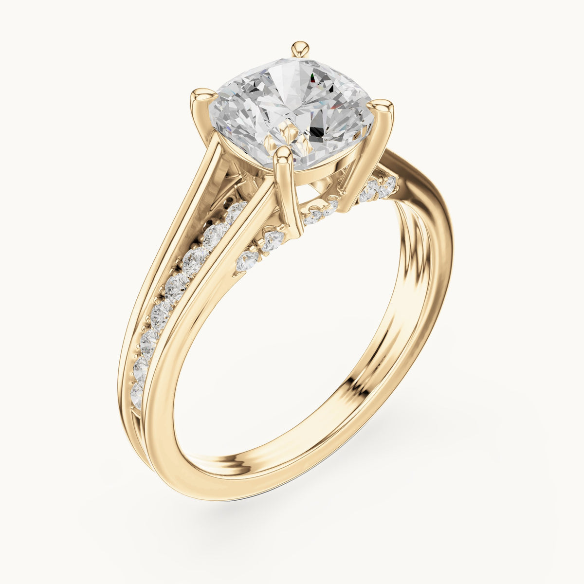 Cushion-cut and round lab-grown diamond channel-set cathedral engagement ring in yellow gold, 2.072 CT TW, view 2