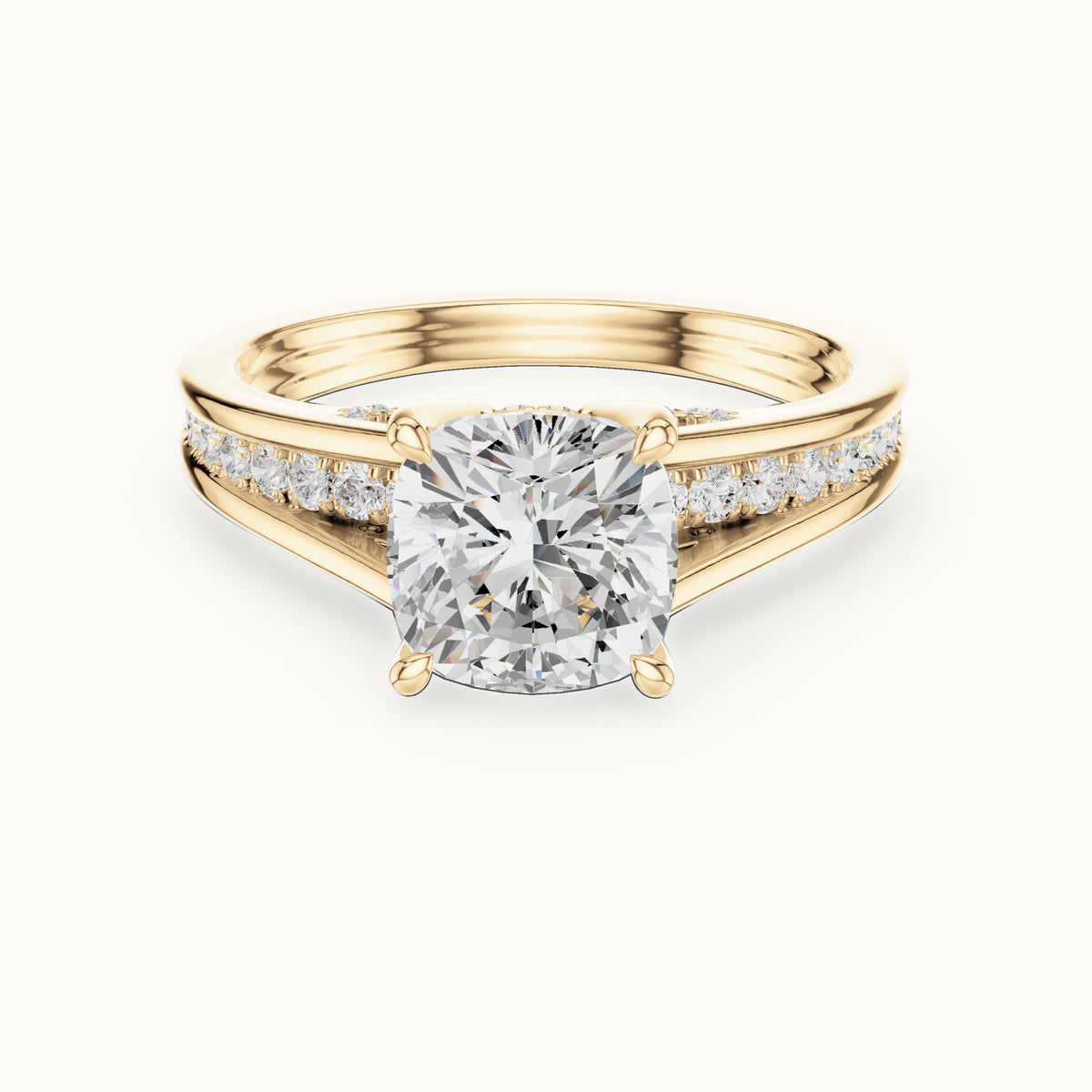 Cushion-cut and round lab-grown diamond channel-set cathedral engagement ring in yellow gold, 2.072 CT TW, view 4
