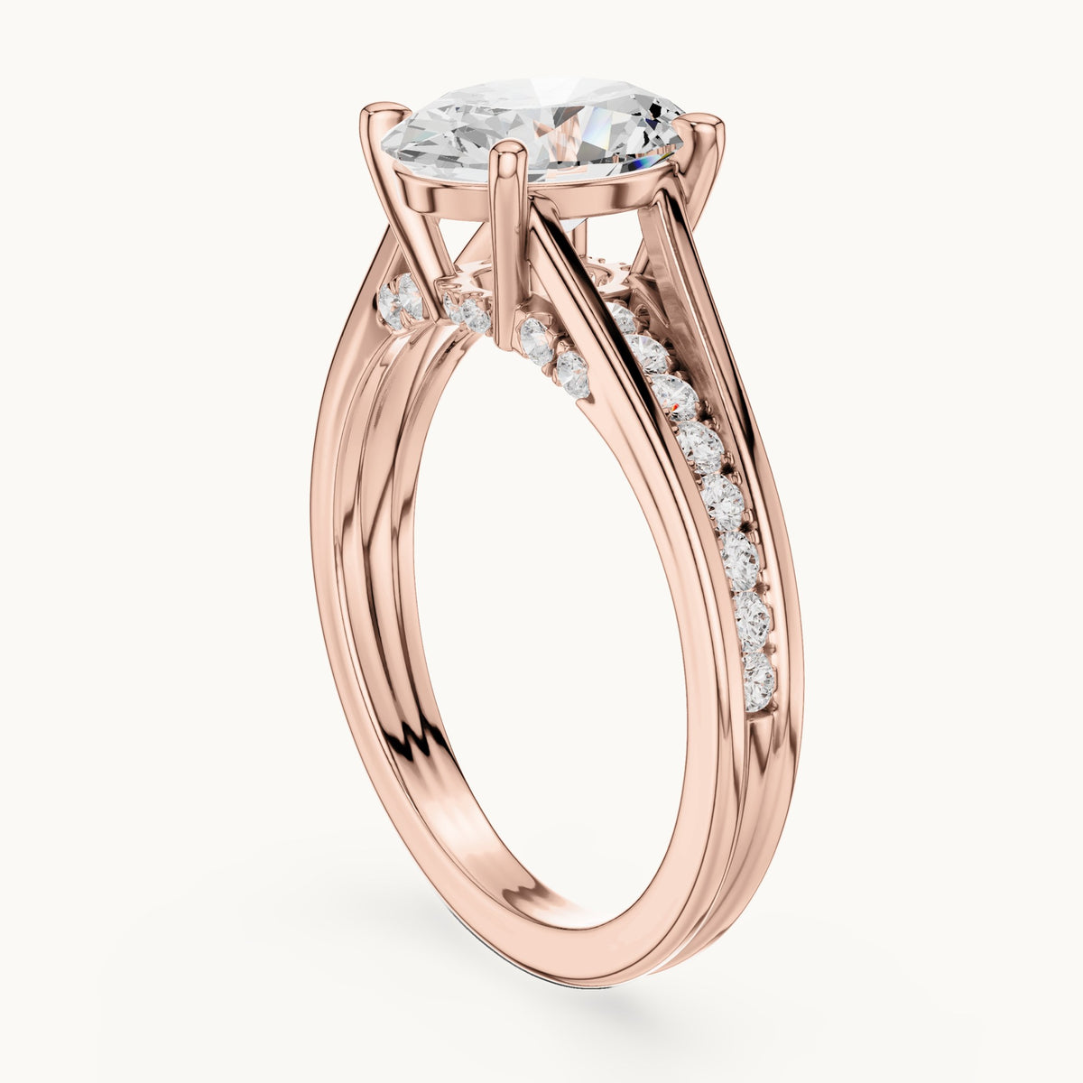 Oval and round lab-grown diamond cathedral split shank pavé engagement ring in rose gold, 1.962 CT TW, view 1