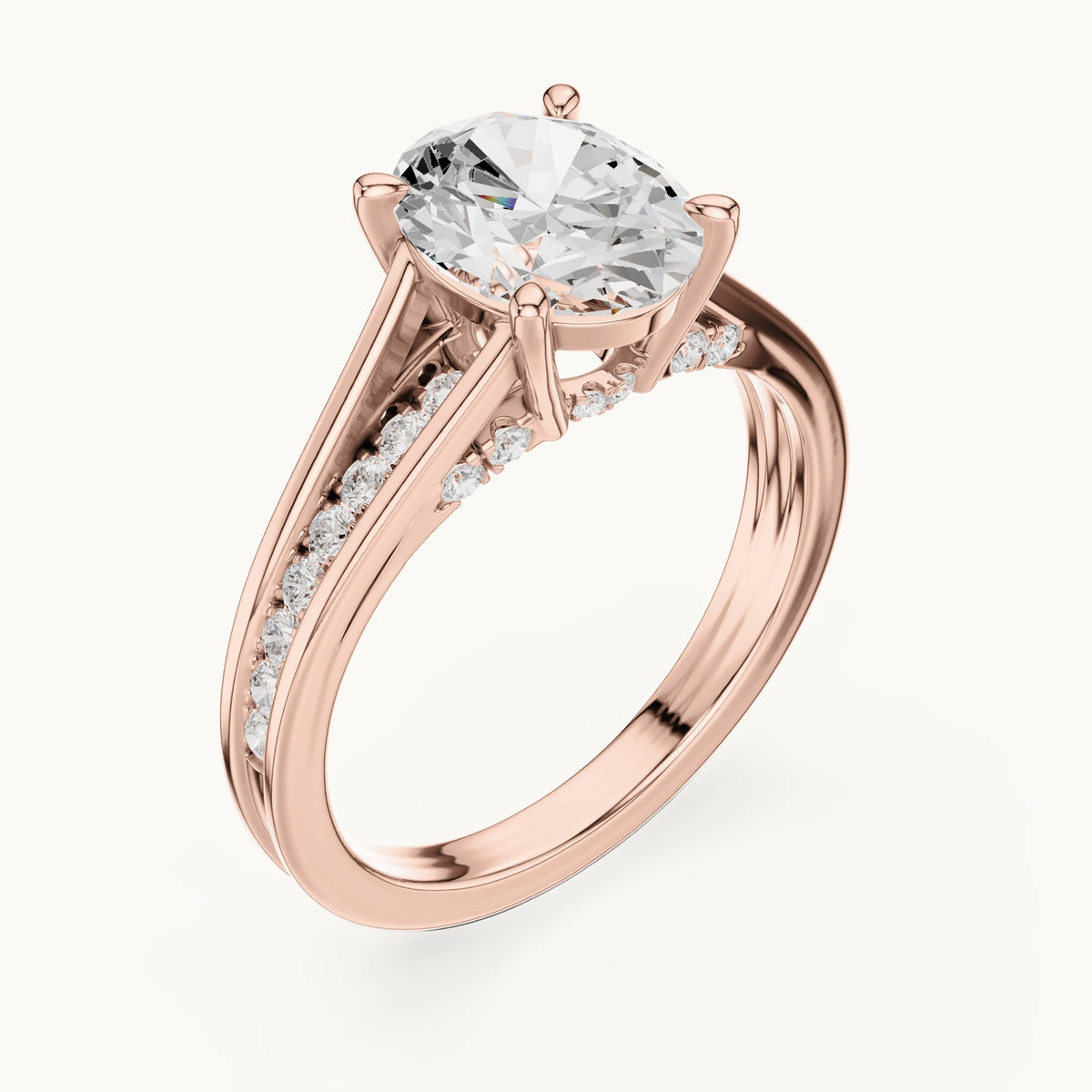 Oval and round lab-grown diamond cathedral split shank pavé engagement ring in rose gold, 1.962 CT TW, view 2