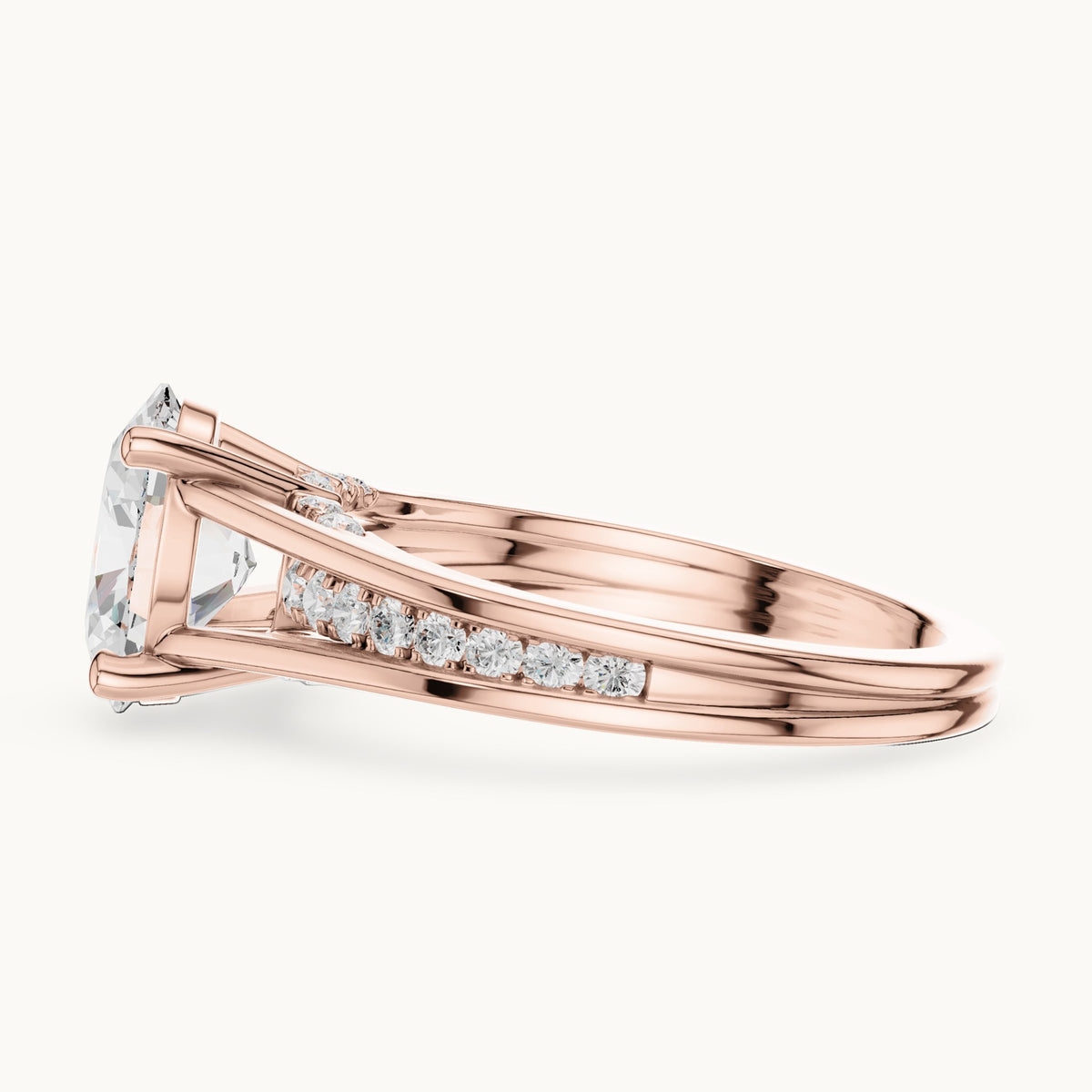 Oval and round lab-grown diamond cathedral split shank pavé engagement ring in rose gold, 1.962 CT TW, view 3