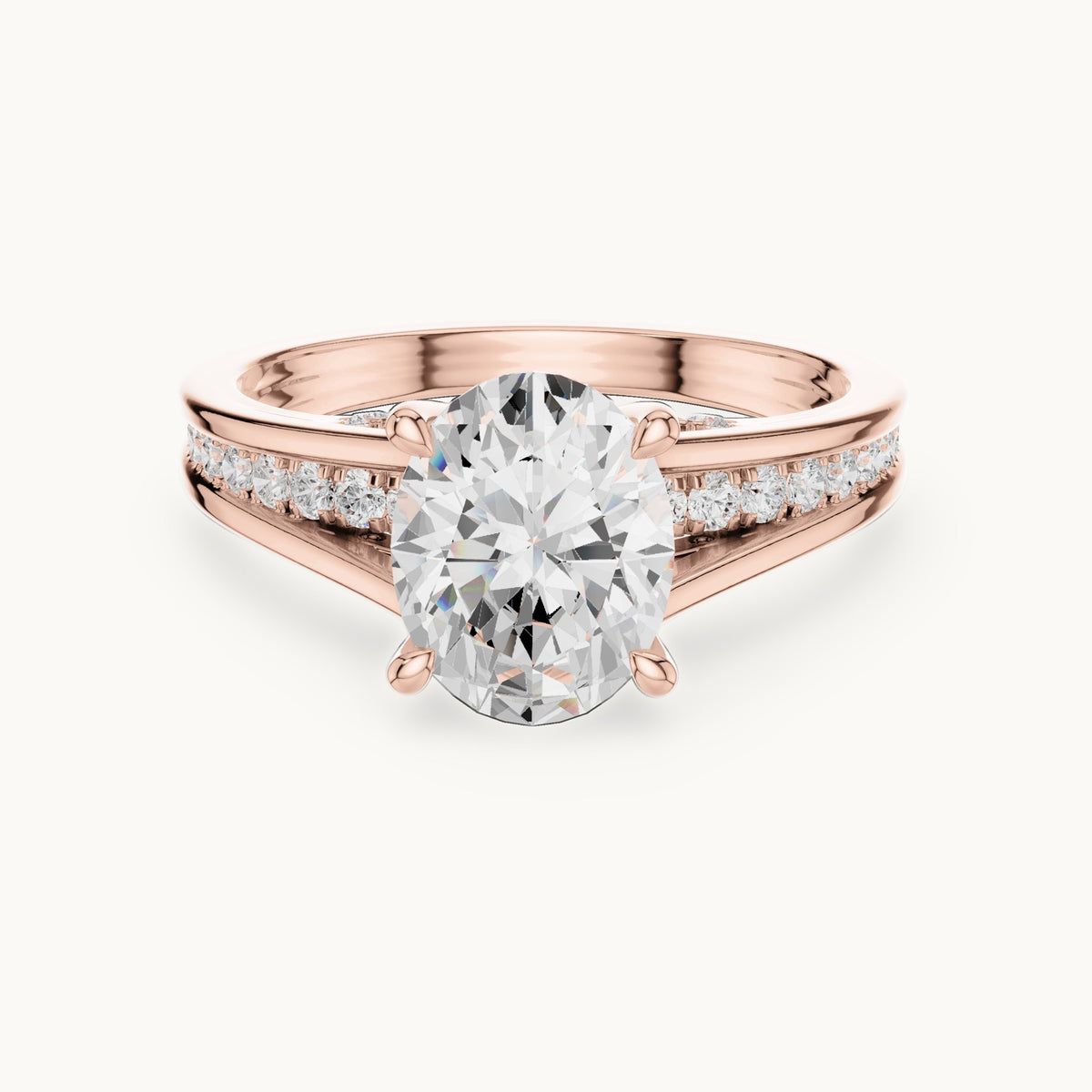 Oval and round lab-grown diamond cathedral split shank pavé engagement ring in rose gold, 1.962 CT TW, view 4