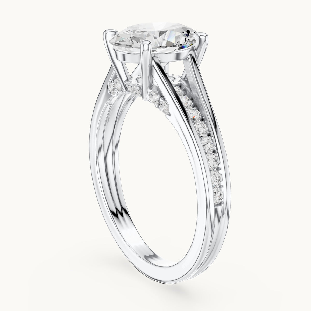 Oval and round lab-grown diamond cathedral split shank pavé engagement ring in white gold, 1.962 CT TW, view 1