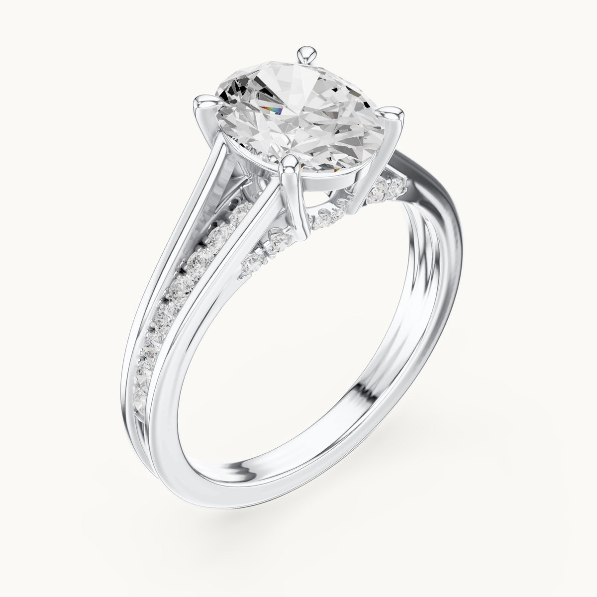 Oval and round lab-grown diamond cathedral split shank pavé engagement ring in white gold, 1.962 CT TW, view 2