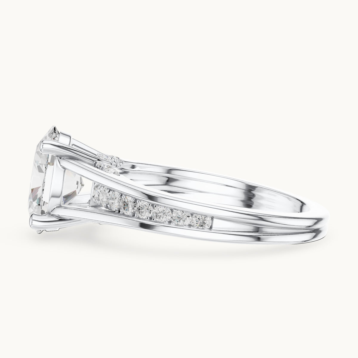 Oval and round lab-grown diamond cathedral split shank pavé engagement ring in white gold, 1.962 CT TW, view 3